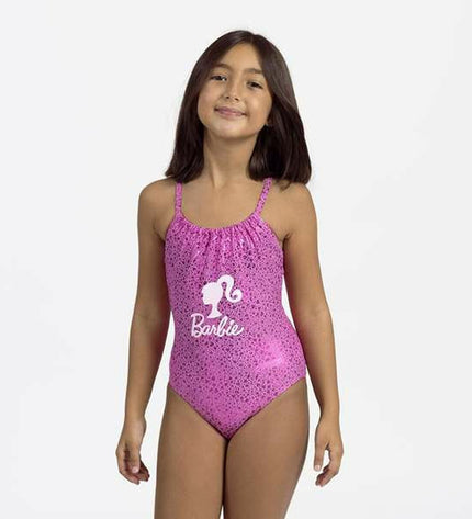 Pink Barbie girls' swimsuit for 5-year-olds, suitable for sports and watersports, featuring a colorful design.