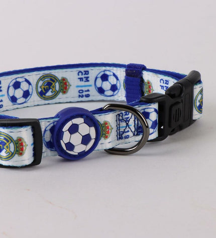 Blue Real Madrid C.F. dog collar with team logo, designed for dogs; durable and comfortable pet accessory.