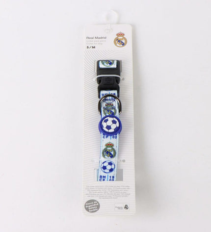 Blue Real Madrid C.F. dog collar with team logo, made for dogs, featuring sporty design and durable material.