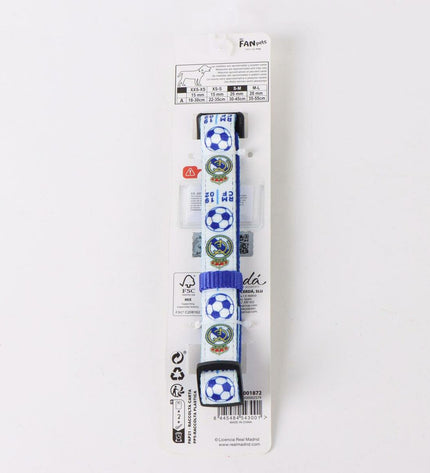 Blue Real Madrid C.F. dog collar with team logo, designed for canine fans, made of durable material for comfortable wear.