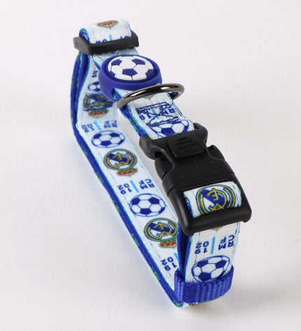 Blue Real Madrid C.F. dog collar with team logo, designed for canine fans, featuring durable material and adjustable fit.