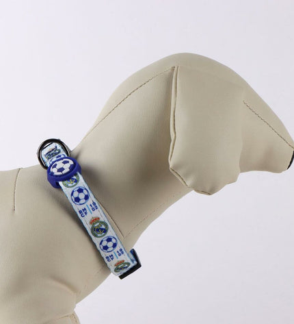 Blue Real Madrid C.F. dog collar with team logo and branding, designed for fans and pet owners.