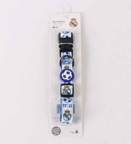 Blue Real Madrid C.F. dog collar with team logo, designed for canine fans, made from durable materials.