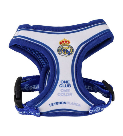 Blue Real Madrid C.F. dog harness with team logo, adjustable straps, and comfortable fit for small to medium dogs.