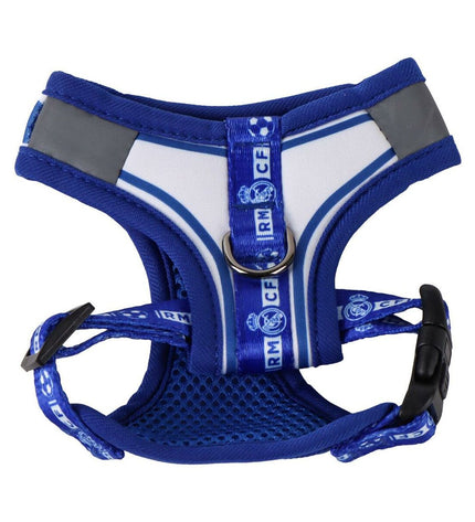 Blue Real Madrid C.F. dog harness with team logo, comfortable nylon straps for small and medium-sized dogs.