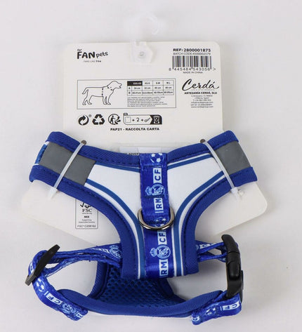 Blue Real Madrid C.F. dog harness featuring team logo and branding, designed for comfortable and stylish pet wear.