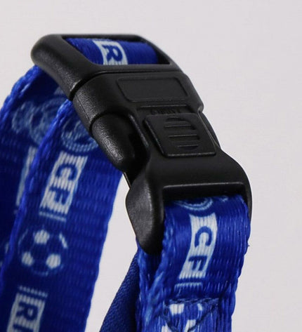 Blue Real Madrid C.F. dog collar featuring team logo, made for dogs, with adjustable straps and durable material.