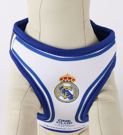 Blue Real Madrid C.F. dog harness showing the team logo and design, made for comfortable and stylish pet wear.