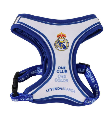 Blue Real Madrid C.F. dog harness with team logo, comfortable and adjustable for small to medium-sized dogs.
