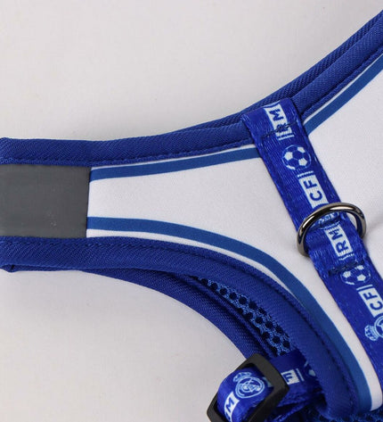 Blue Real Madrid C.F. dog harness with team logo, made for dogs, featuring team colors and branded design.