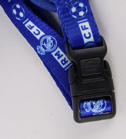 Blue Real Madrid C.F. dog harness with team logo, comfortable and adjustable for small to medium dogs.