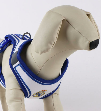 Blue Real Madrid C.F. dog harness with team logo, designed for comfortable and stylish pet wear.