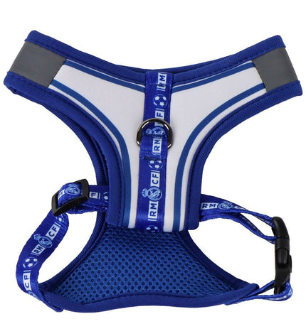 Blue Real Madrid C.F. dog harness featuring team logo, designed for comfortable and stylish pet wear for football fans.