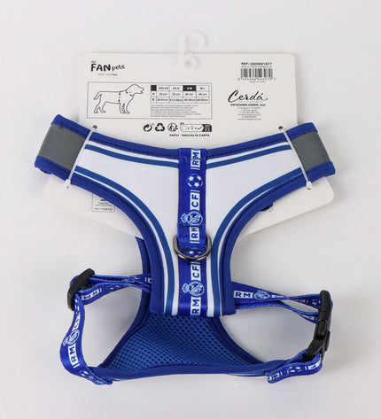 Blue Real Madrid C.F. dog harness featuring team logo, designed for comfortable and stylish pet wear.