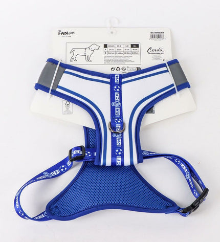 Blue Real Madrid C.F. dog harness for medium/large dogs, featuring team logo and sports branding.