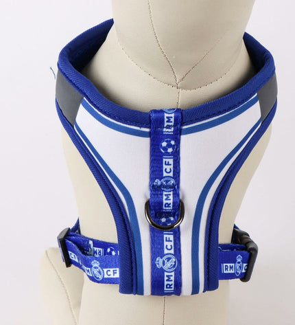 Blue Real Madrid C.F. dog harness for medium/large dogs, featuring team logo and sporty design, ideal for stylish pet walks.
