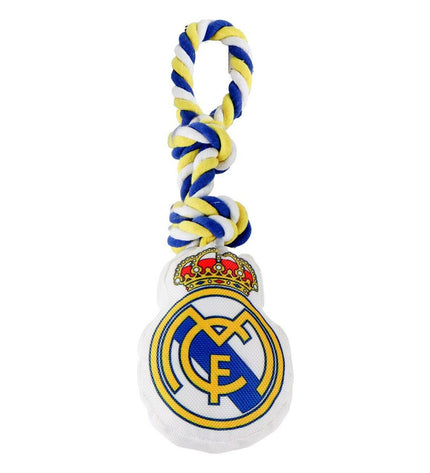 Real Madrid C.F. dog toy in white, shaped like a dog, measuring 15 x 33 x 10 cm, made of durable pet-friendly material.