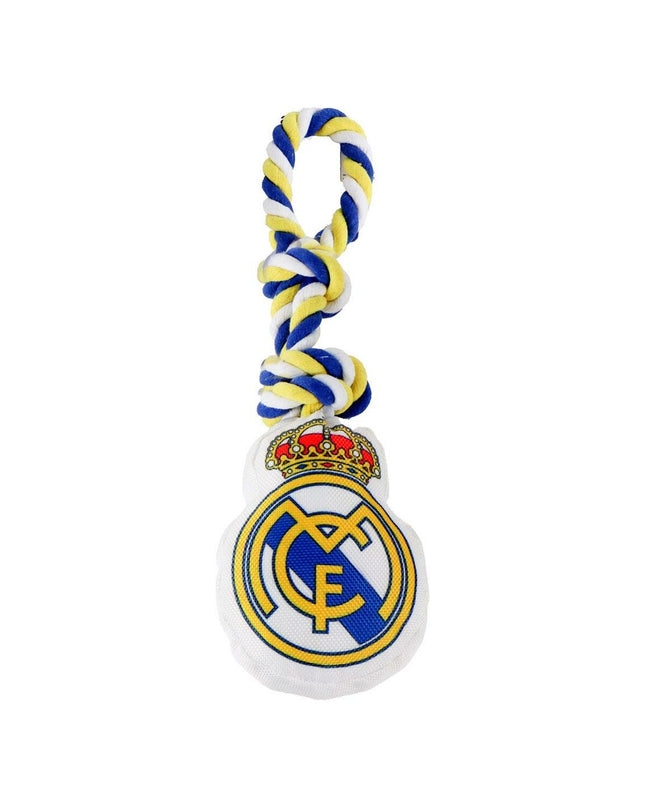 Real Madrid C.F. dog toy in white, shaped like a dog, measuring 15 x 33 x 10 cm, made of durable pet-friendly material.