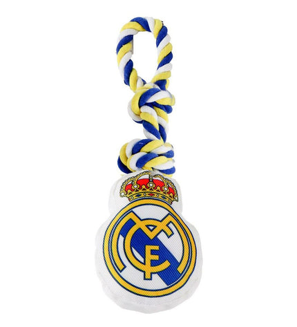 Real Madrid C.F. dog toy in white, 15 x 33 x 10 cm, designed for dogs, featuring team branding and durable material.