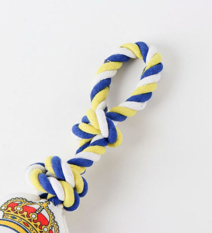 Real Madrid C.F. dog toy shaped like a dog with team logo, white color, measuring 15 x 33 x 10 cm, made for pet play.