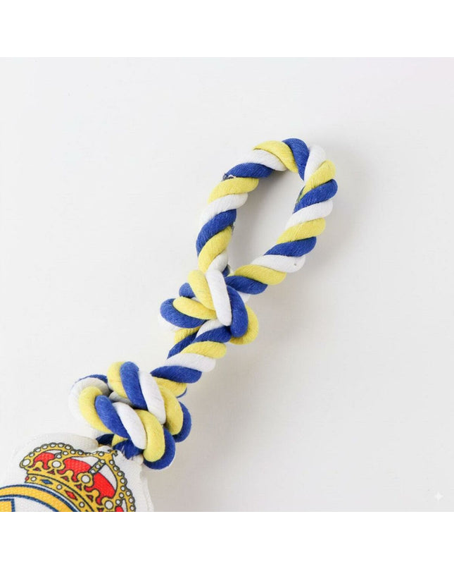 Real Madrid C.F. dog toy shaped like a dog with team logo, white color, measuring 15 x 33 x 10 cm, made for pet play.