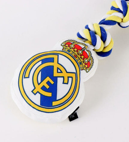 Real Madrid C.F. dog toy in white, 15 x 33 x 10 cm, designed for dogs and themed with Real Madrid branding.