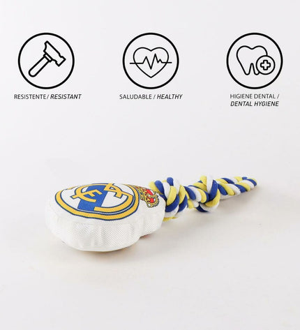 Real Madrid C.F. dog toy in white, shaped for dogs, measuring 15 x 33 x 10 cm, featuring team logo and colors.