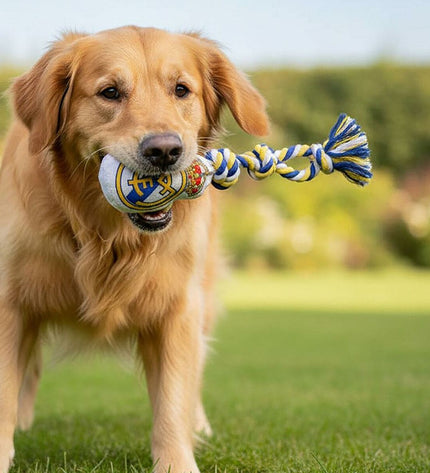 Real Madrid C.F. dog toy, white plush dog chew with team logo, measuring 15x33x10 cm, designed for dogs.