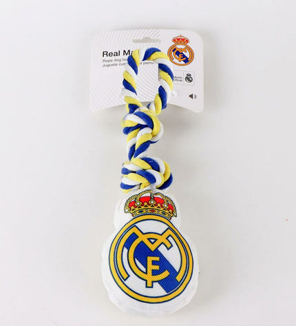 Real Madrid C.F. dog toy in white, measuring 15 x 33 x 10 cm, designed for dogs and featuring team branding.