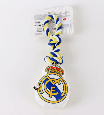 Real Madrid C.F. dog toy in white, 15 x 33 x 10 cm, designed for dogs with a football theme and team logo.