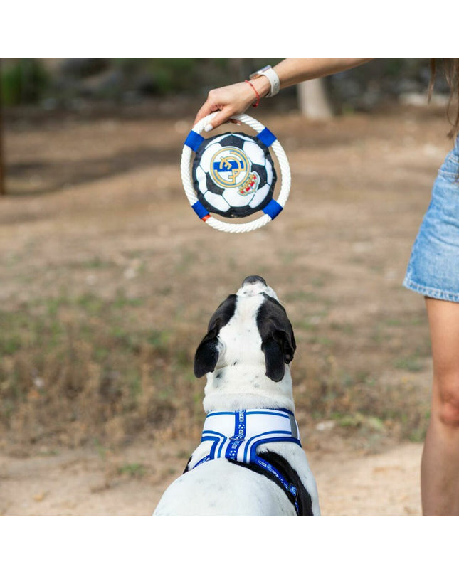 Real Madrid C.F. branded dog frisbee in white, measuring 22 cm, designed for pets to play fetch outdoors.