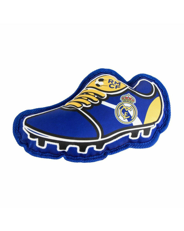 Real Madrid C.F. dog toy in blue, rectangular shape, measuring 10 x 30 x 7 cm, designed for dogs and sports fans.