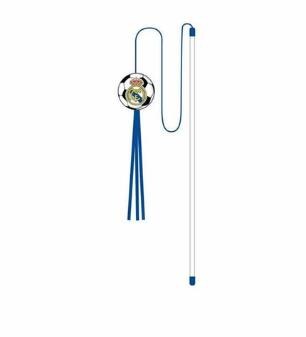 Blue Real Madrid C.F. cat toy with ball and feather for feline play and entertainment.