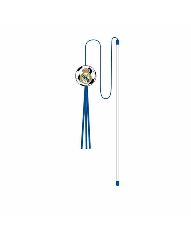 Blue Real Madrid C.F. cat toy with ball and feather for feline play and entertainment.