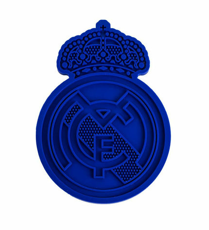 Blue dog feeding bowl featuring Real Madrid C.F. logo, measuring 28x15x1.5 cm, ideal for dog food or water.