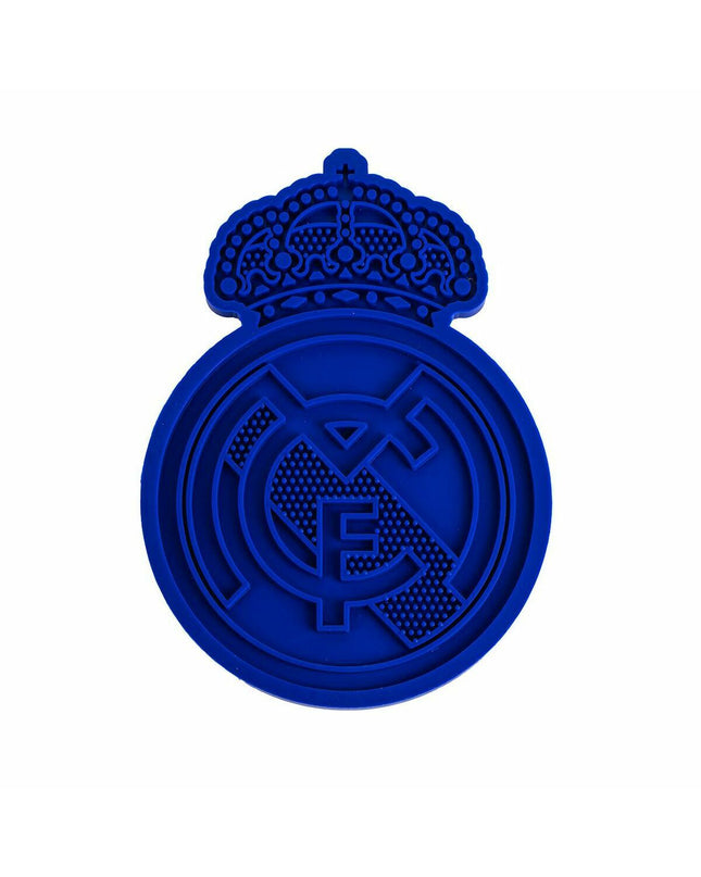 Blue dog feeding bowl featuring Real Madrid C.F. logo, measuring 28x15x1.5 cm, ideal for dog food or water.