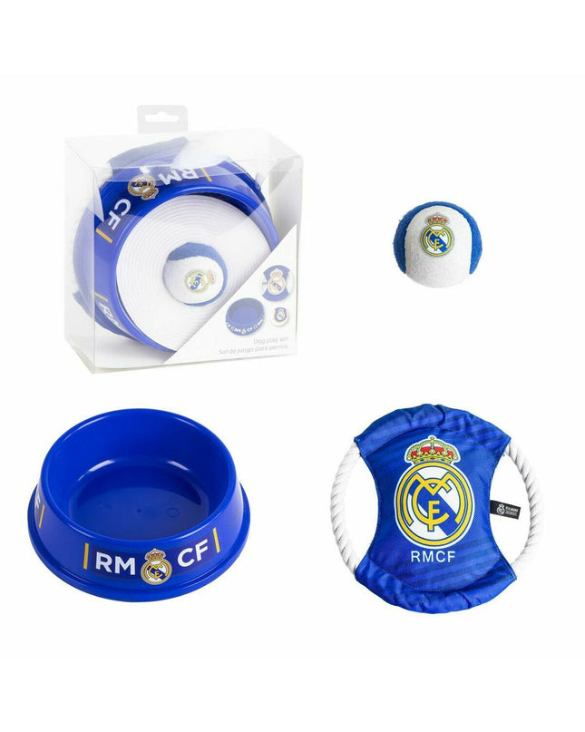 Real Madrid C.F. dog welcome gift set with blue accessories, featuring three parts in a 21x21x8.8 cm package for dogs.
