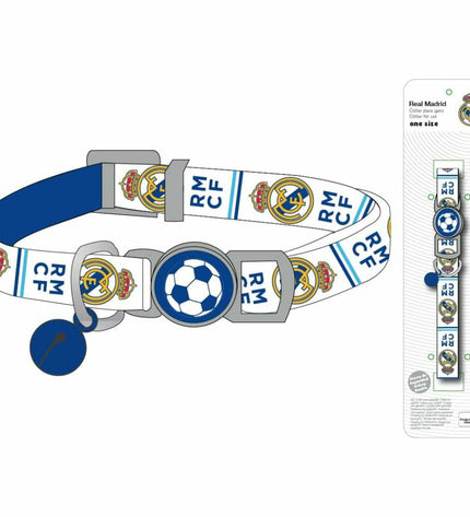 Blue Real Madrid C.F. dog collar featuring team logo and branding, designed for stylish and comfortable dog wear.
