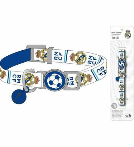 Blue Real Madrid C.F. dog collar with team logo, made for perros, featuring sports team branding and durable material.
