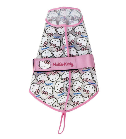 Pink Hello Kitty dog raincoat for small dogs, XS size, with hood and cute Hello Kitty design, made for rainy weather.