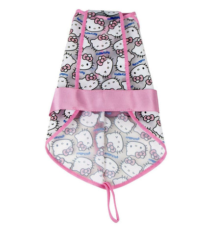 Pink Hello Kitty dog raincoat for small dogs, XS size, with colorful Hello Kitty design, waterproof and lightweight for rainy days.