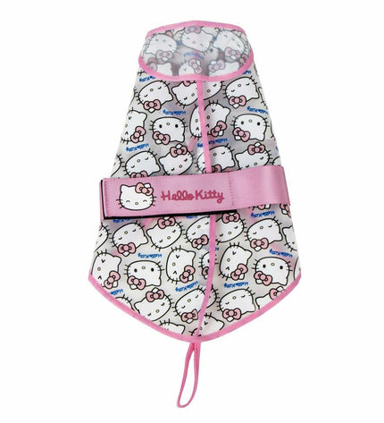 Pink Hello Kitty dog raincoat for small dogs, lightweight waterproof dog jacket with hood, featuring Hello Kitty design.