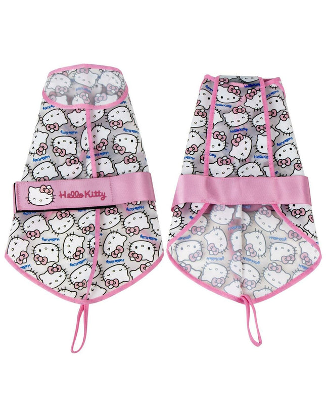 Pink Hello Kitty dog raincoat for small dogs, waterproof and stylish, designed for comfort and protection during rainy walks.