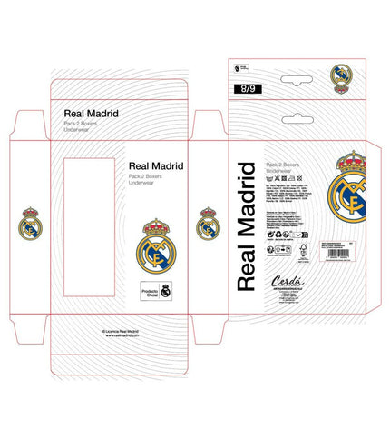 Colorful boys' Real Madrid C.F. swim trunks, suitable for water sports and outdoor activities, featuring team logo and vibrant design.