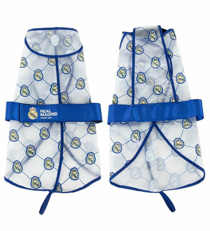 Blue Real Madrid C.F. dog raincoat for small dogs, XS size, lightweight waterproof pet clothing with team logo and branding.