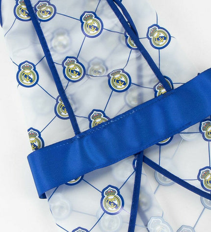 Blue Real Madrid C.F. dog raincoat, small size, featuring team logo, designed for dogs to stay dry during rain.