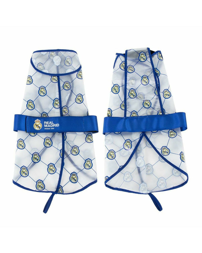 Blue Real Madrid C.F. dog raincoat for small dogs, lightweight and waterproof, featuring team logo and comfortable fit.