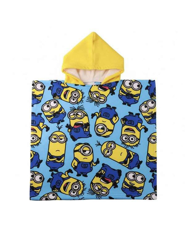 Minions-themed hooded poncho towel for kids, 55x77 cm, soft absorbent fabric, ideal for bath or beach use.