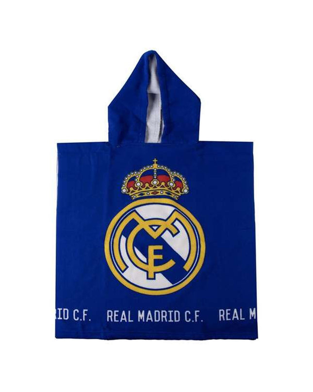 Real Madrid C.F. blue hooded poncho towel for home and bath, measuring 55 x 77 cm, featuring team logo and soft fabric.