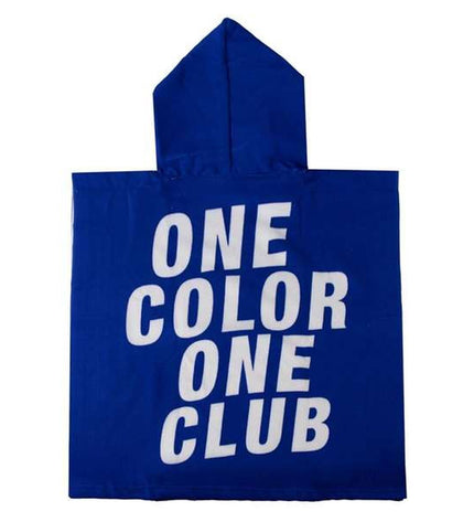 Real Madrid C.F. blue hooded poncho towel for home and bath, 55 x 77 cm, with team logo and soft fabric.
